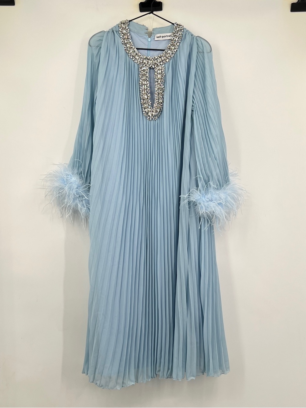 SELF PORTRAIT BLUE OSTRICH FEATHER JEWEL KAFTAN LONG SLEEVE DRESS LOUNGE PLEATED